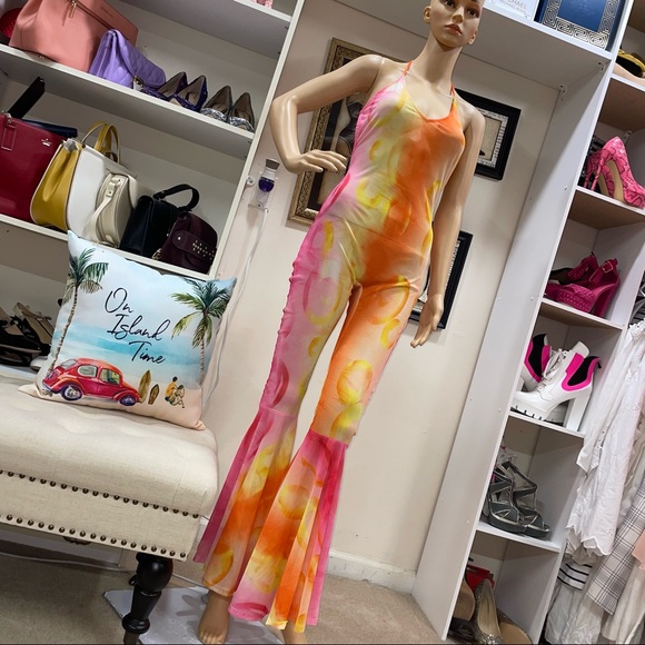 Annes Apparel stretchy Pink/Yellow Print Mesh Bell Leg Jumpsuit Size S - Picture 1 of 12